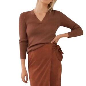 Maeve Anthropologie Thea Ribbed V Neck Sweater Womens Size L Brown Metallic Boho